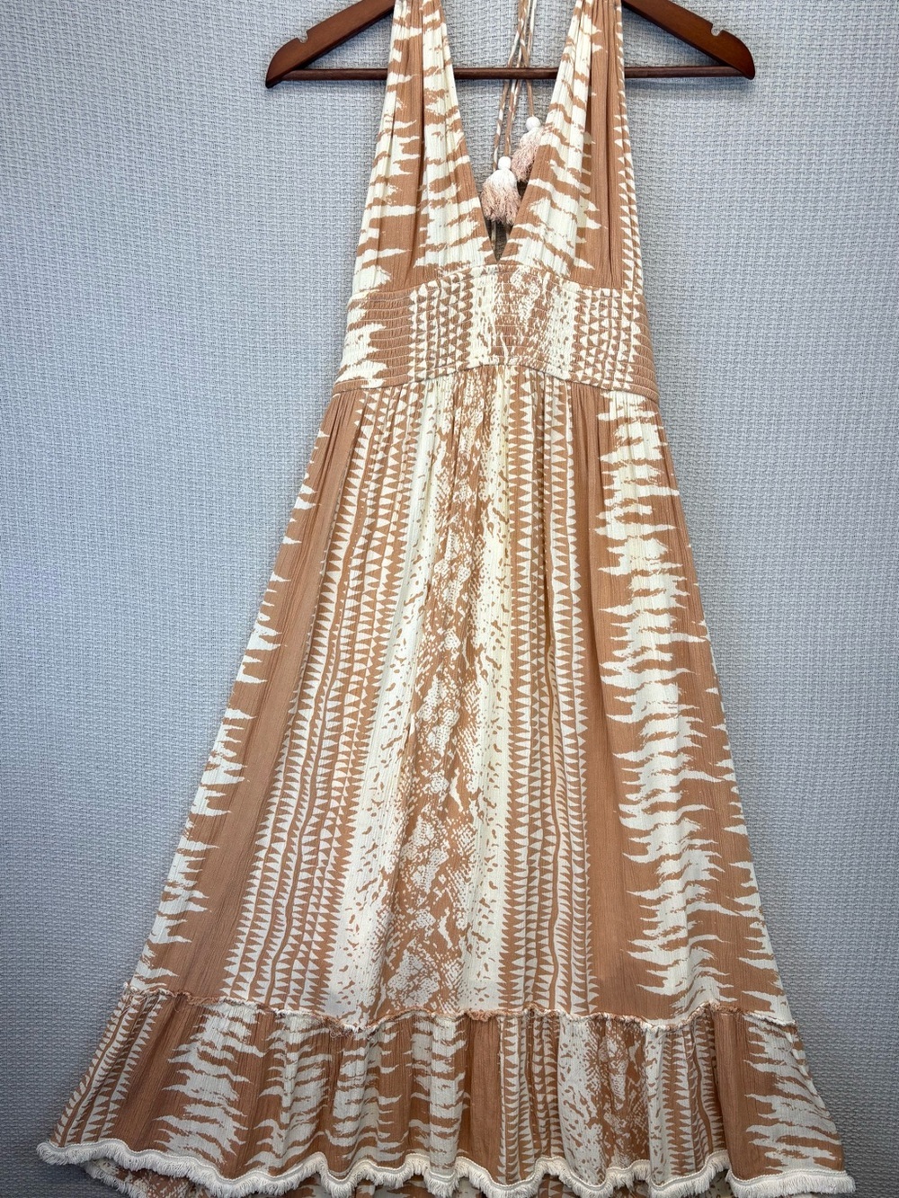 Anthropologie Z&L Europe Maxi Halter Neck Dress Beige Sz L Gauze Boho Festival - Picture 2 of 12